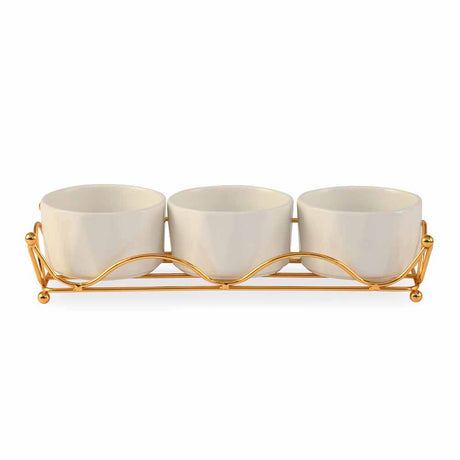 Ceramic 300 ml Bowls Set of 3 with Metal Stand (White)