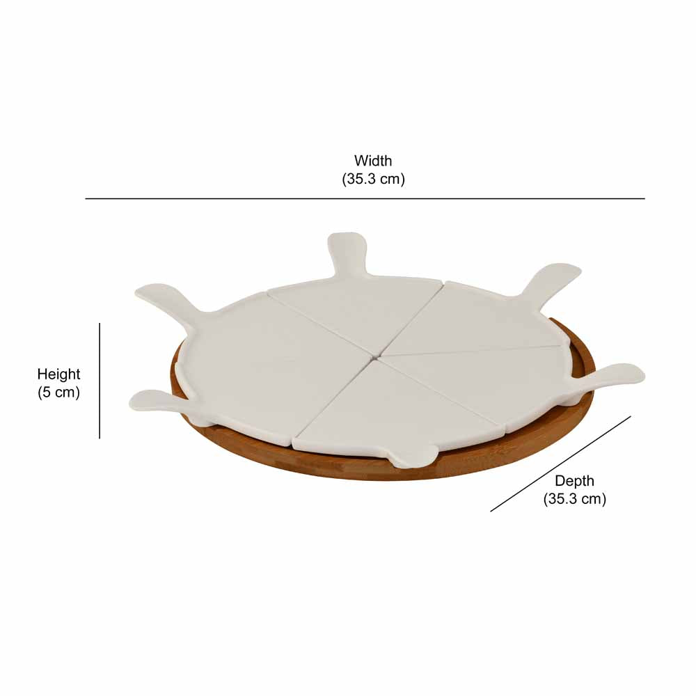 Ceramic Pizza Serving Platter with Bamboo Base (White)