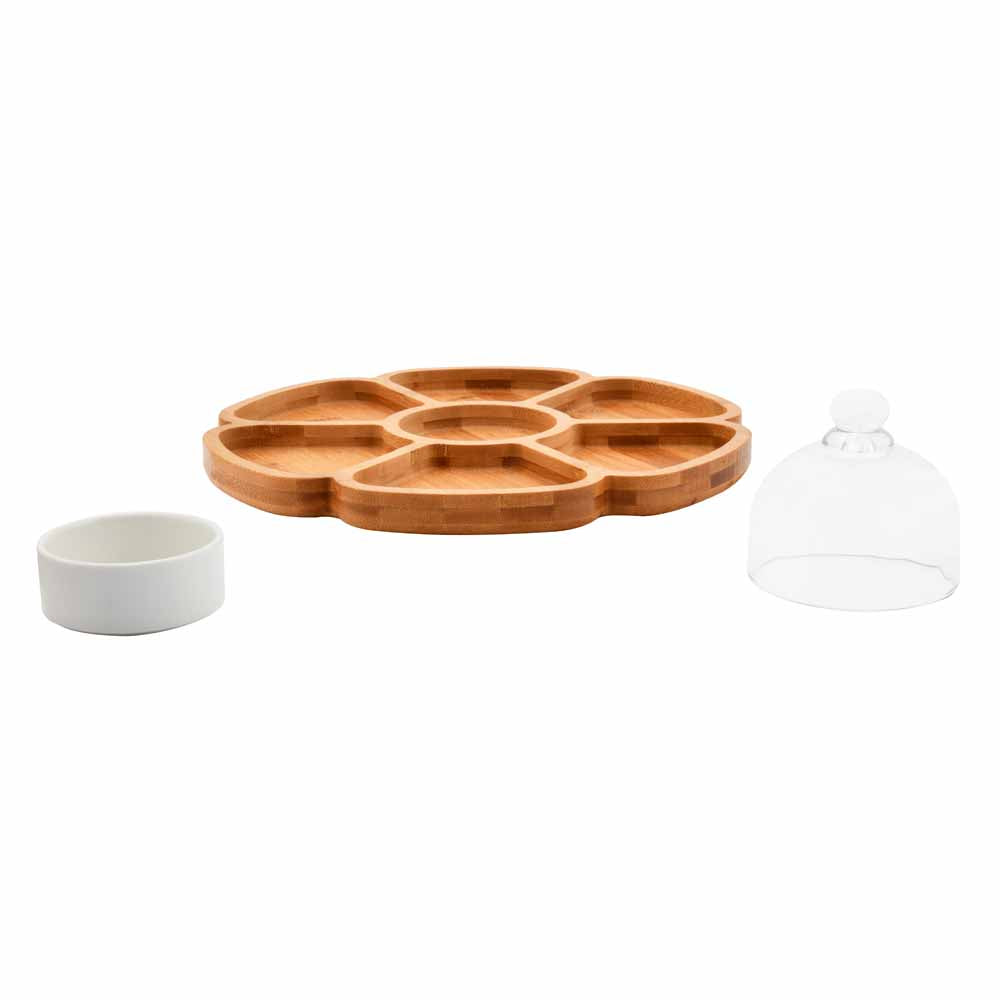 Bamboo Snacks Serving Platter with Ceramic Dip Bowl (Brown)