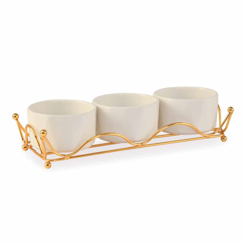 Ceramic 300 ml Bowls Set of 3 with Metal Stand (White)