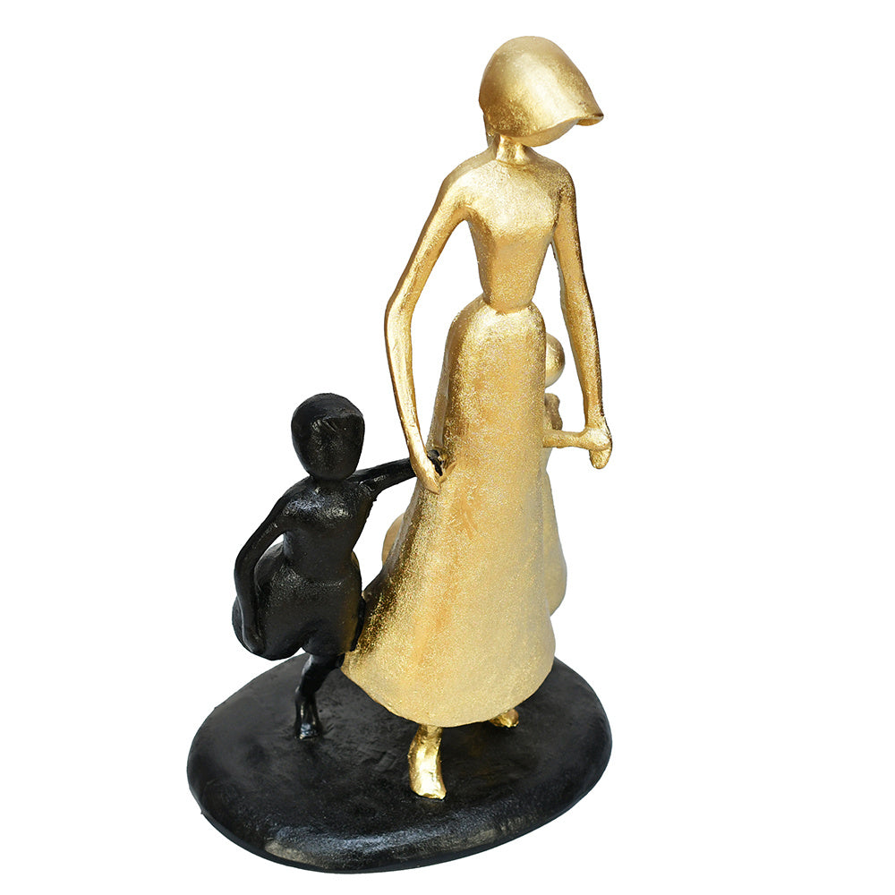 Mom With Two Kids Decorative Polyresin Showpiece (Black & Gold)