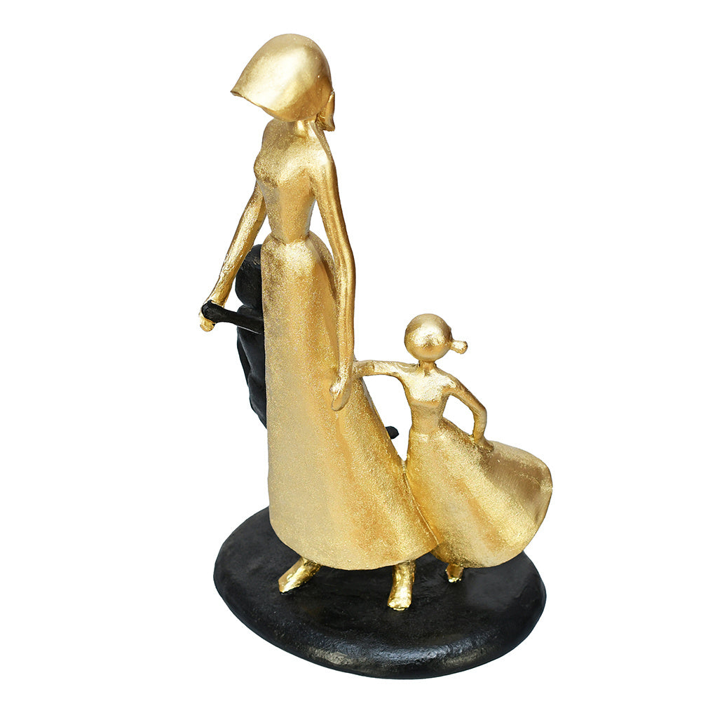 Mom With Two Kids Decorative Polyresin Showpiece (Black & Gold)