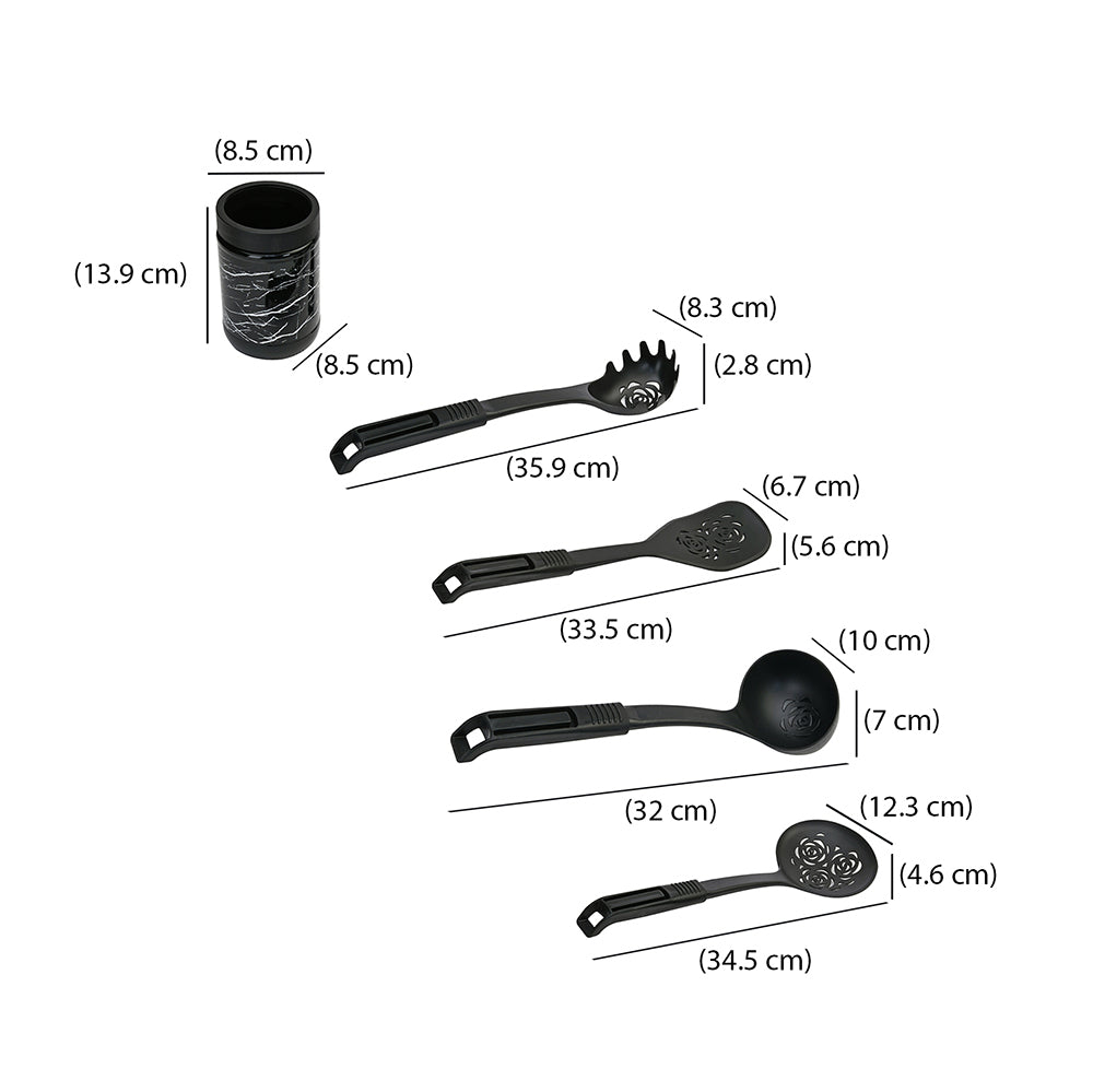 Kitchen Cooking and Serving Spoons Set of 4 With Jar (Black)