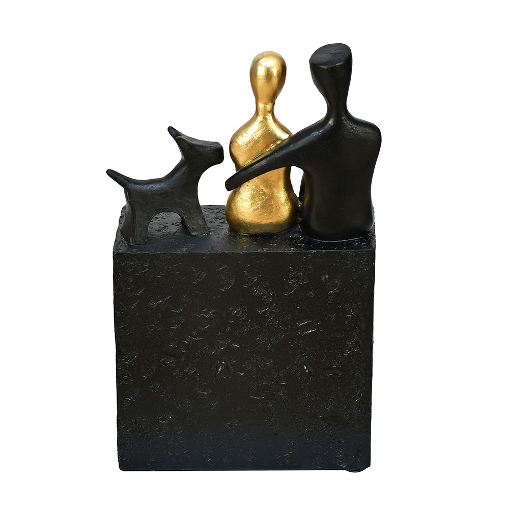 Couple With Dog Decorative Polyresin Showpiece (Black & Gold)