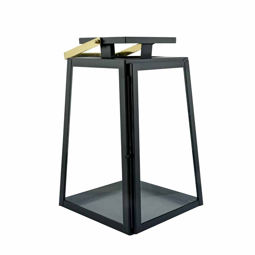 Modern Trapeze Metal & Glass Small Size Lantern (Black & Gold)