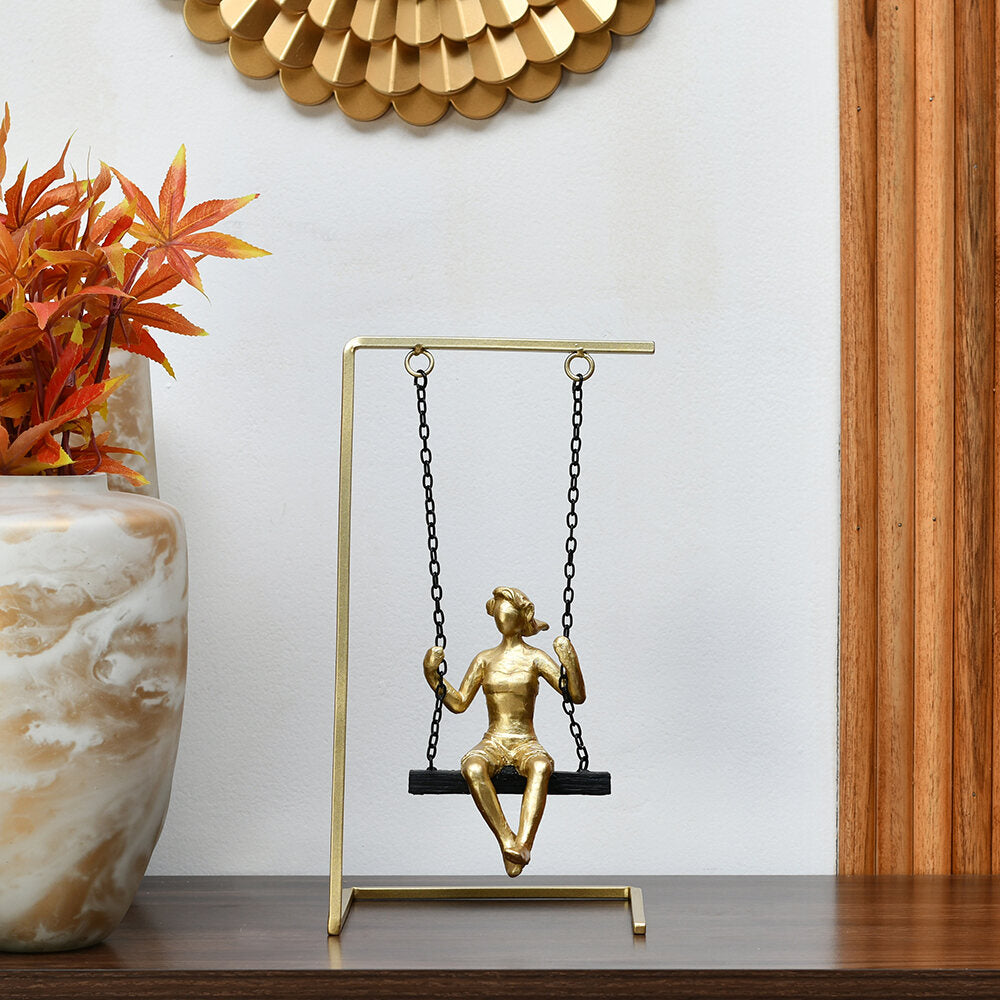 Lady On Swing Decorative Polyresin Showpiece (Black & Gold)