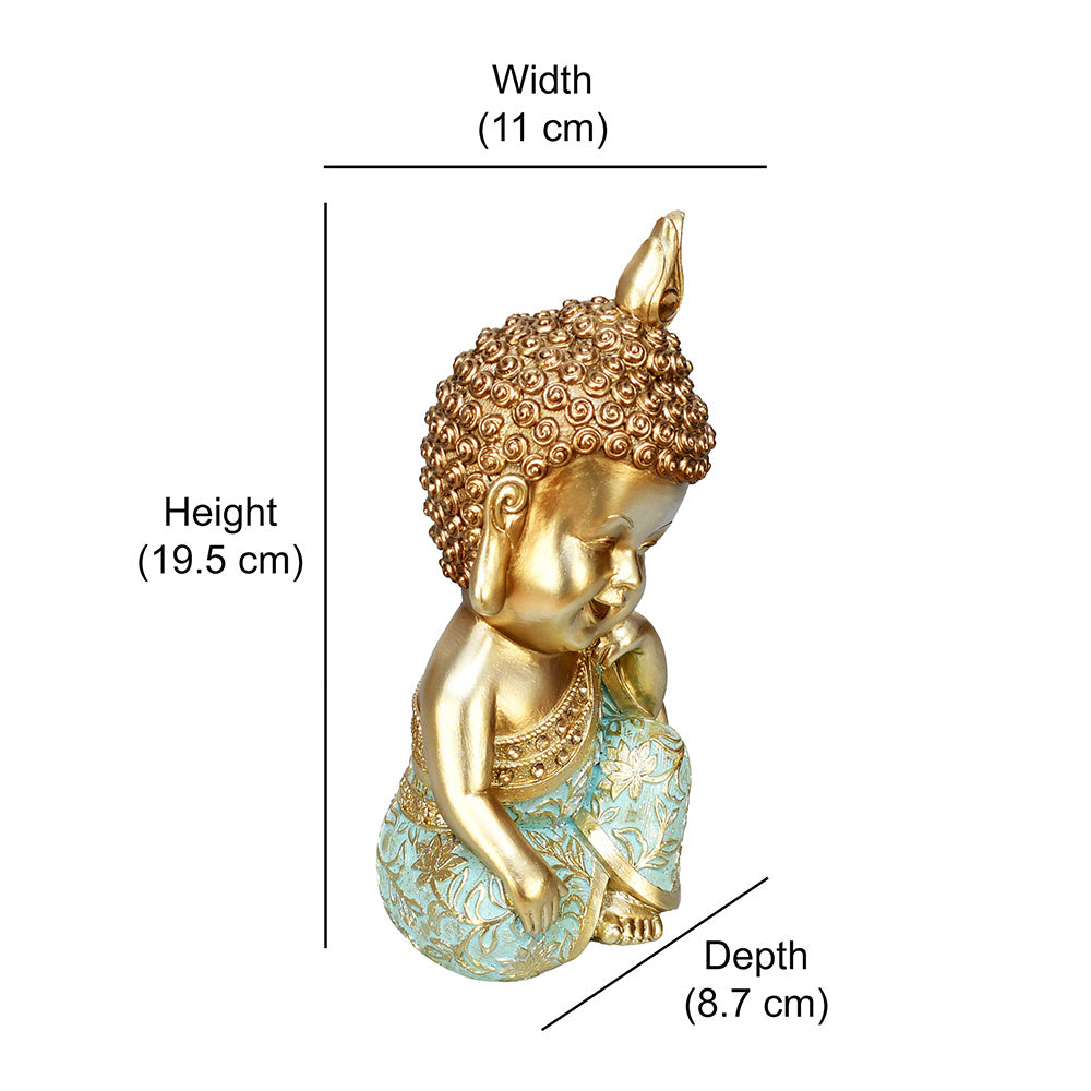 Baby Monk Resting Decorative Polyresin Showpiece (Mint & Gold)