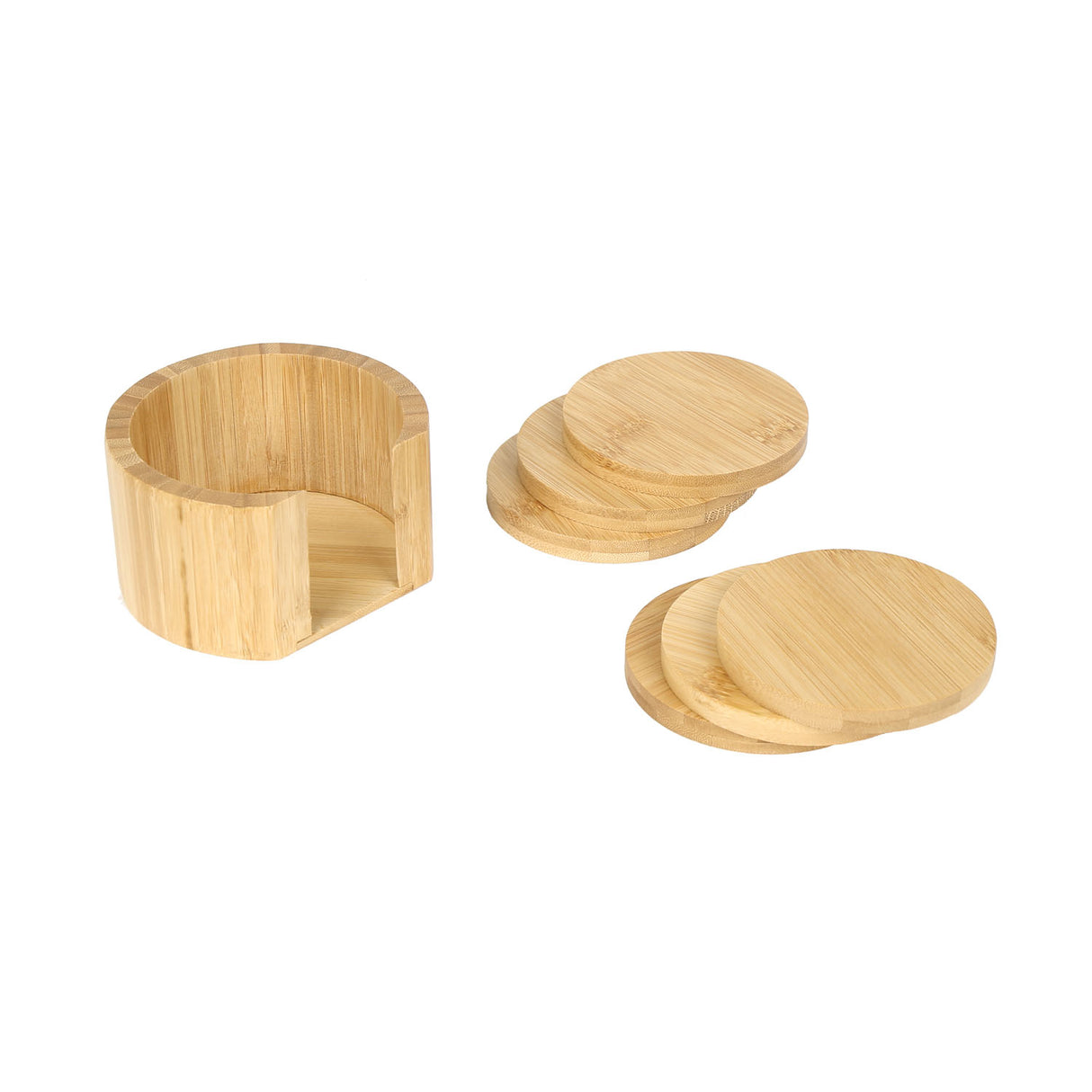 Round Bamboo Coasters Set of 6 with Holder (Light Brown)