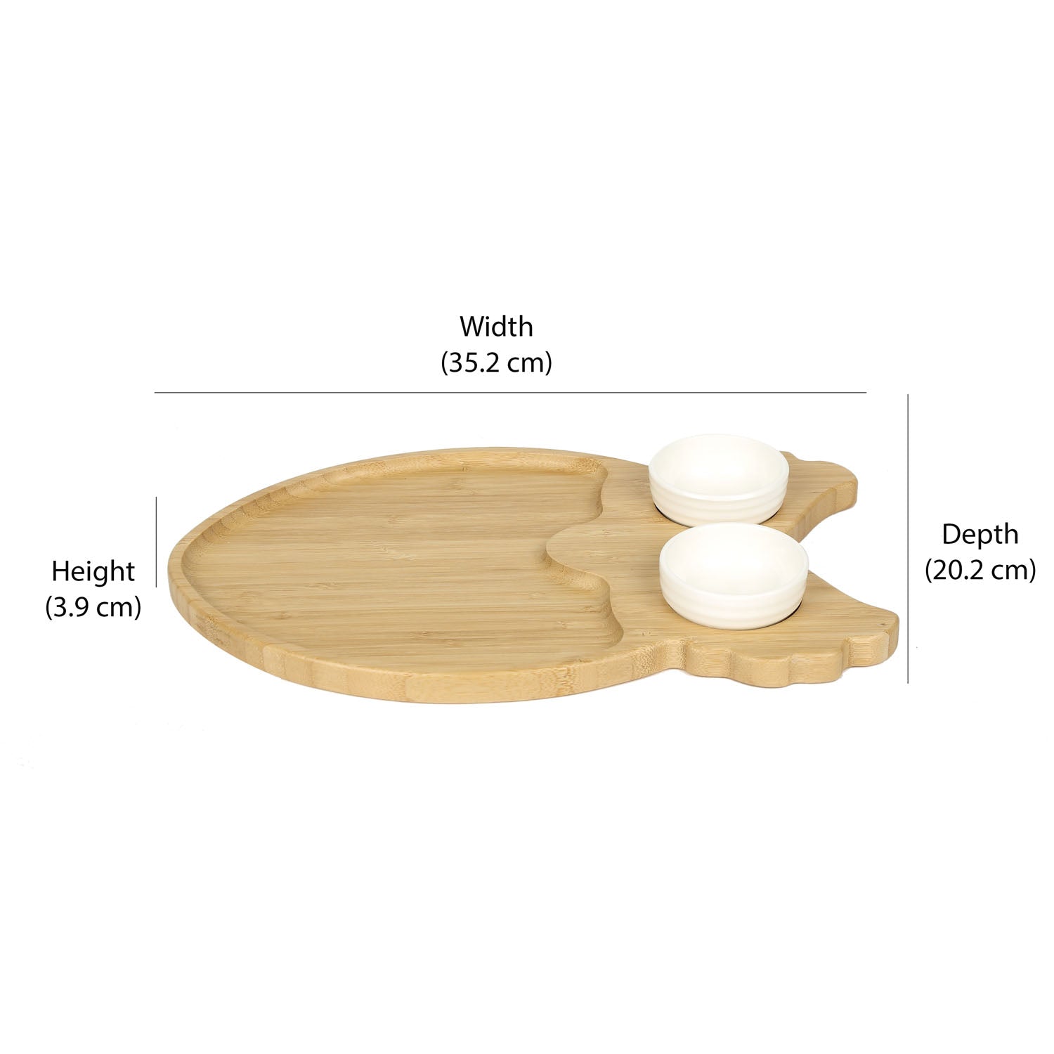 Owl Shaped Bamboo Serving Platter with 2 Ceramic Bowls (Light Brown & White)