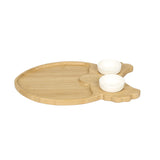 Owl Shaped Bamboo Serving Platter with 2 Ceramic Bowls (Light Brown & White)