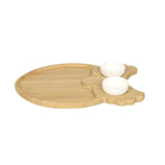 Owl Shaped Bamboo Serving Platter with 2 Ceramic Bowls (Light Brown & White)