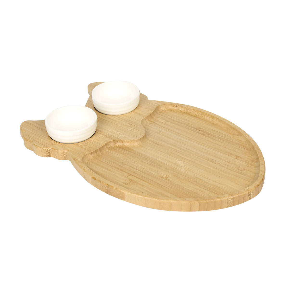 Owl Shaped Bamboo Serving Platter with 2 Ceramic Bowls (Light Brown & White)