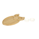 Owl Shaped Bamboo Serving Platter with 2 Ceramic Bowls (Light Brown & White)