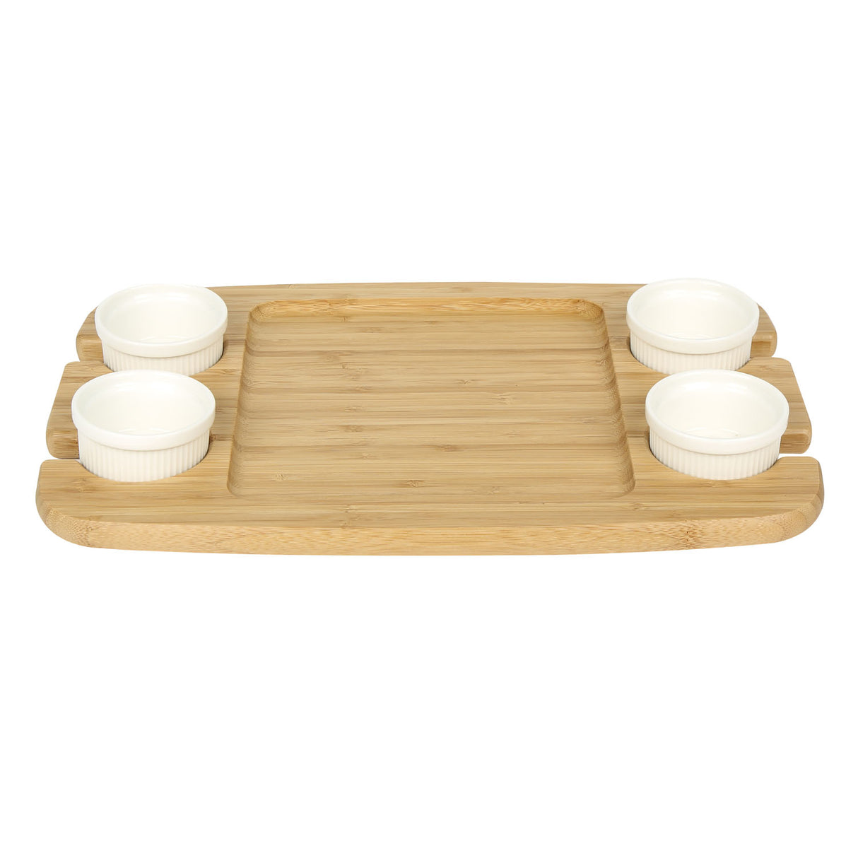 Rectangular Bamboo Serving Platter with 4 Ceramic Bowls (Light Brown & White)