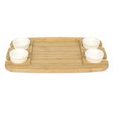 Rectangular Bamboo Serving Platter with 4 Ceramic Bowls (Light Brown & White)