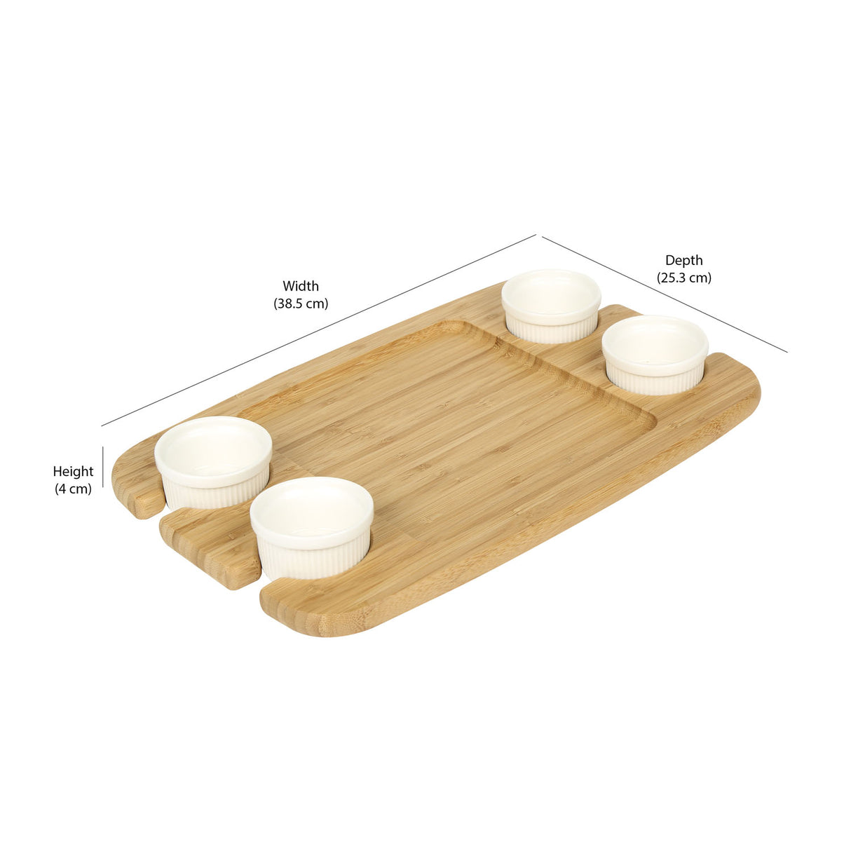 Rectangular Bamboo Serving Platter with 4 Ceramic Bowls (Light Brown & White)