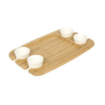 Rectangular Bamboo Serving Platter with 4 Ceramic Bowls (Light Brown & White)