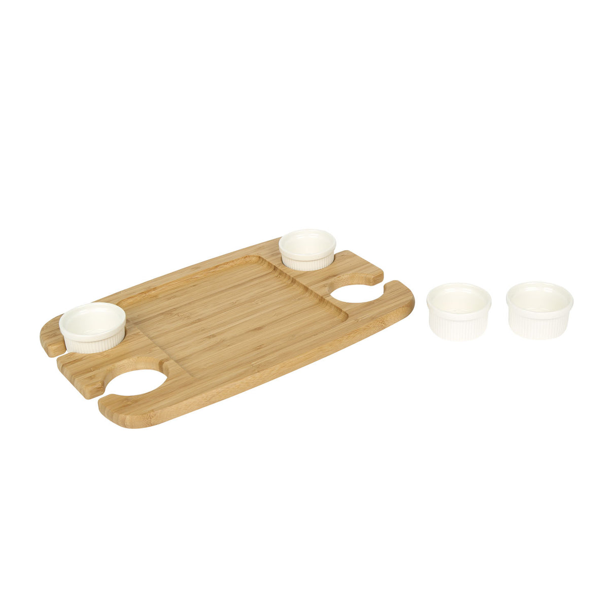 Rectangular Bamboo Serving Platter with 4 Ceramic Bowls (Light Brown & White)