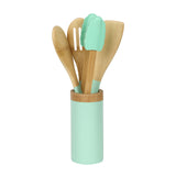 Bamboo Cooking Spoons Set with Holder (Brown & Blue)