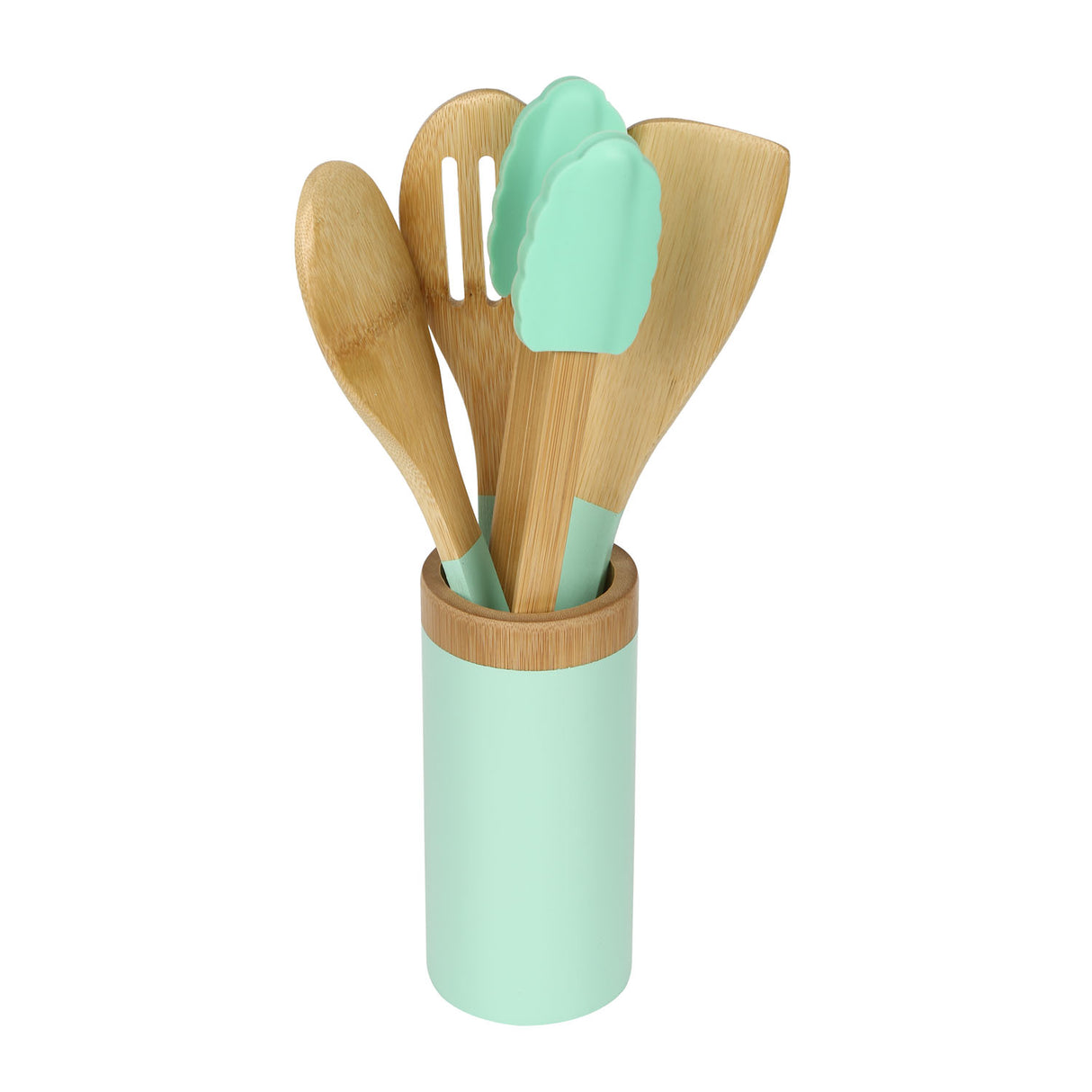 Bamboo Cooking Spoons Set with Holder (Brown & Blue)