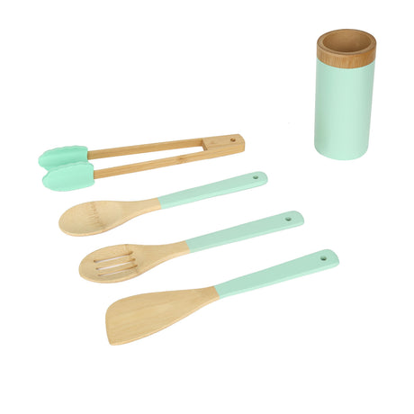 Bamboo Cooking Spoons Set with Holder (Brown & Blue)