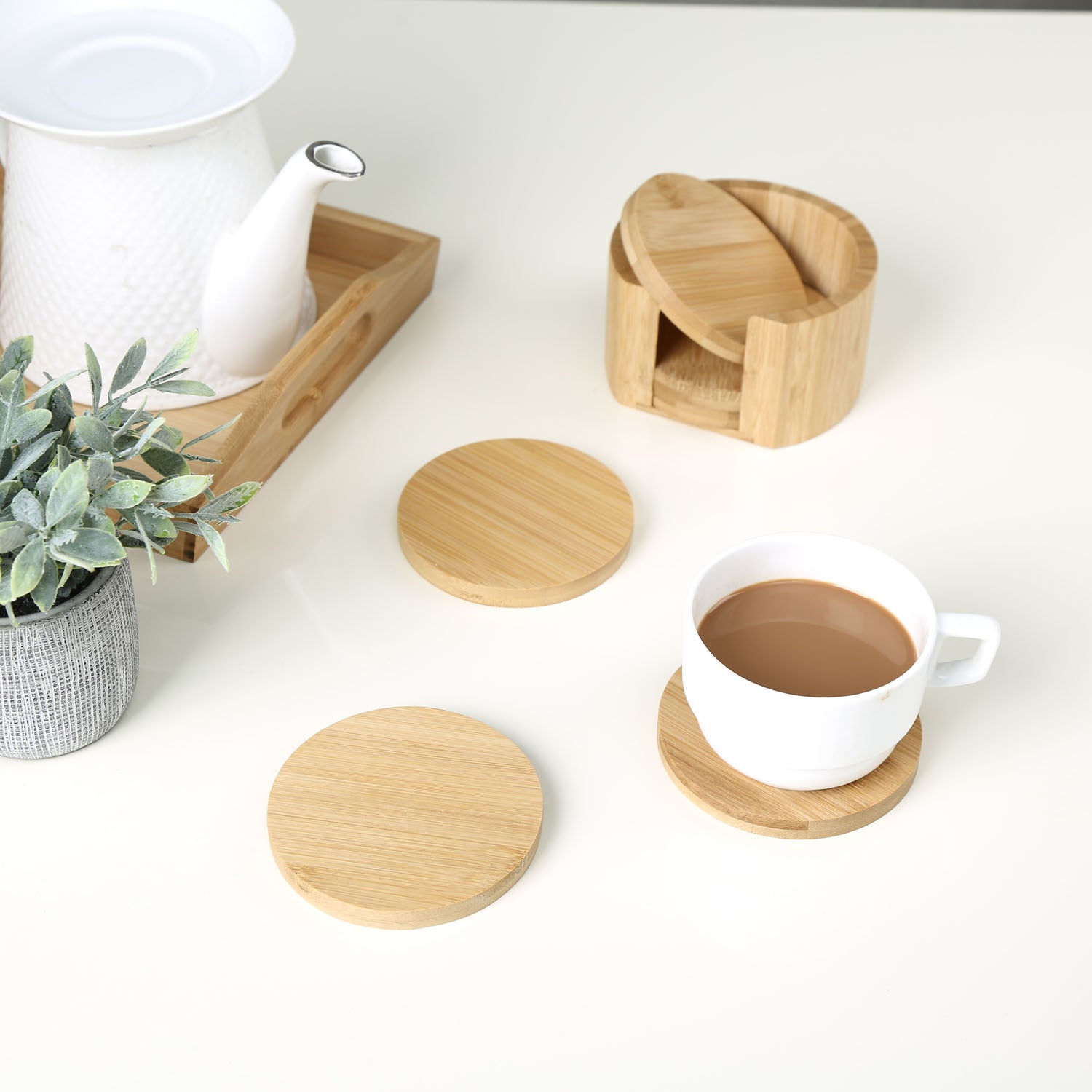 Round Bamboo Coasters Set of 6 with Holder (Light Brown)