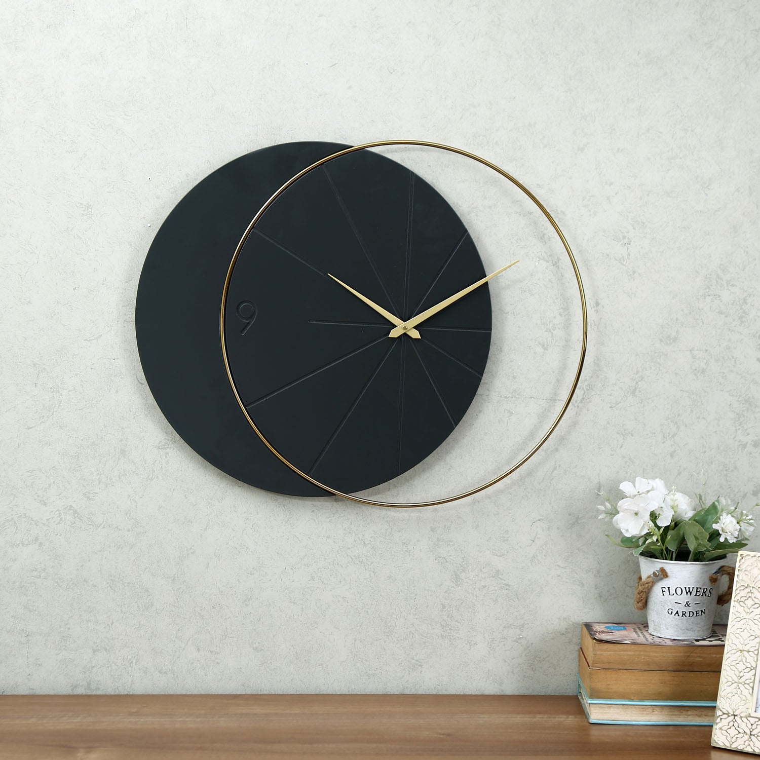 Dual Circular Wooden & Metal Wall Clock (Black & Gold)