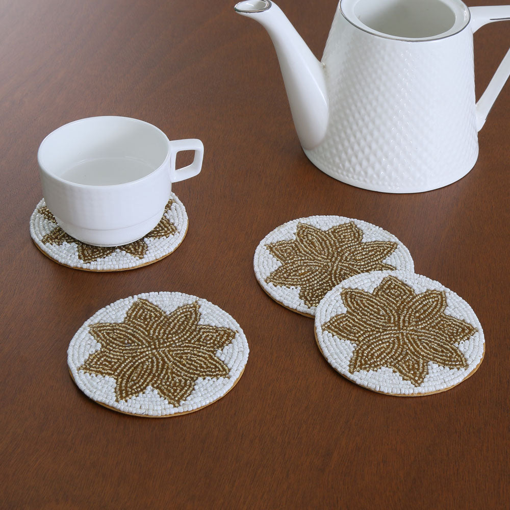 Nilkamal Floral Beaded Coasters Set of 4 (Gold & Off White)