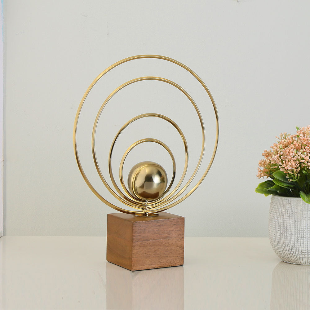 Taper Rings Metal & Wooden Table Decor Showpiece (Small, Gold & Brown)