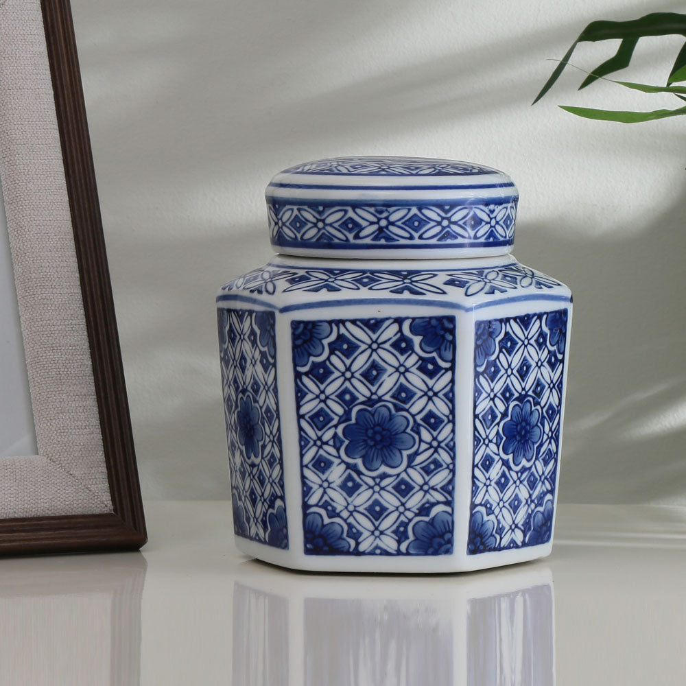 Decorative Geometric Porcelain Jar Vase with Lid (Blue & White)