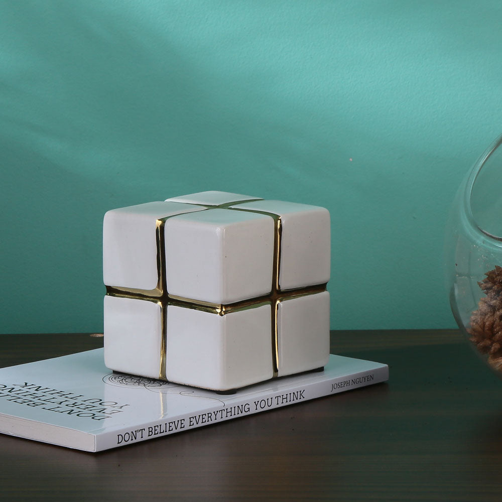 Decorative Ceramic Cube Showpiece (Large, White & Gold)