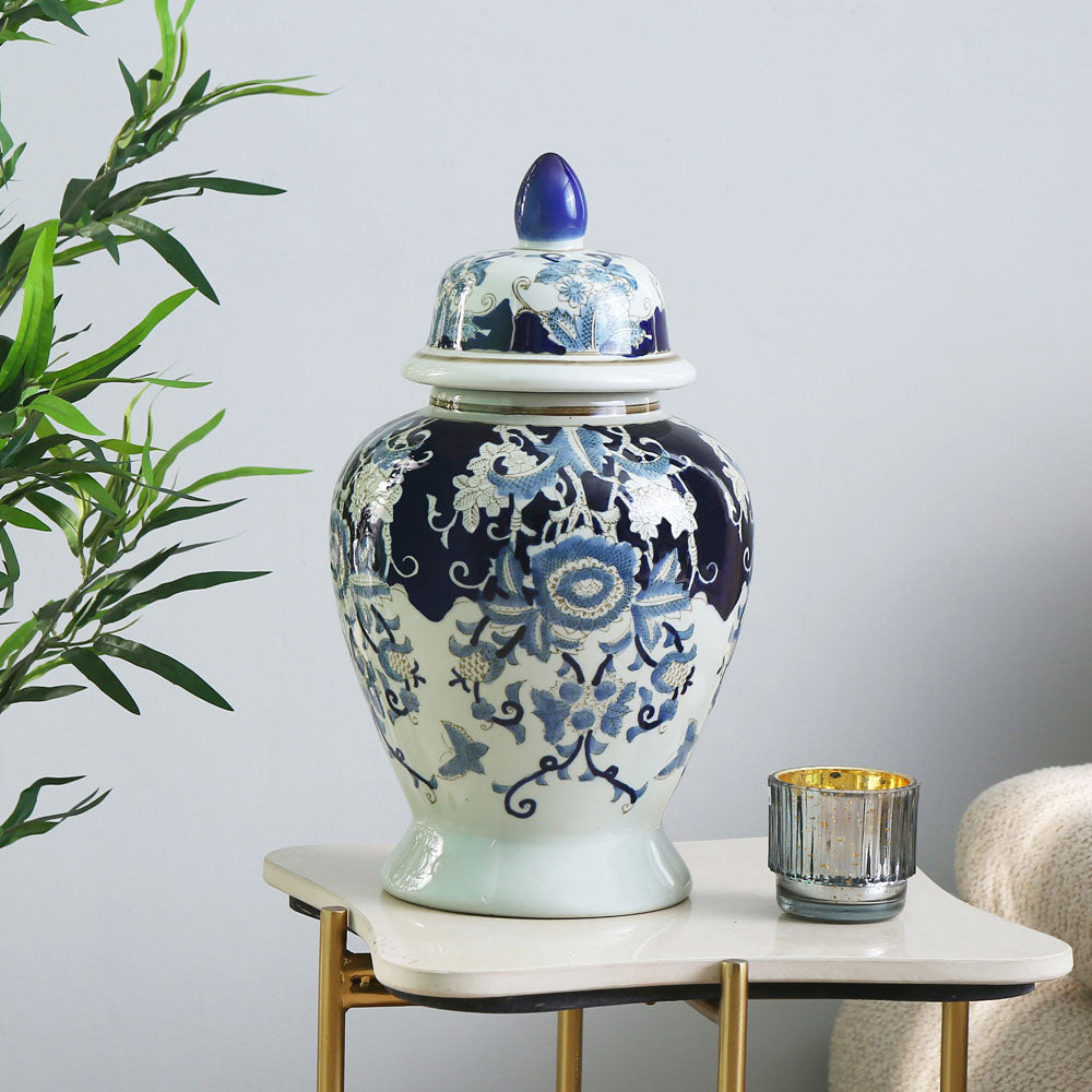 Floral Decorative Porcelain Urn Vase (Blue & White)