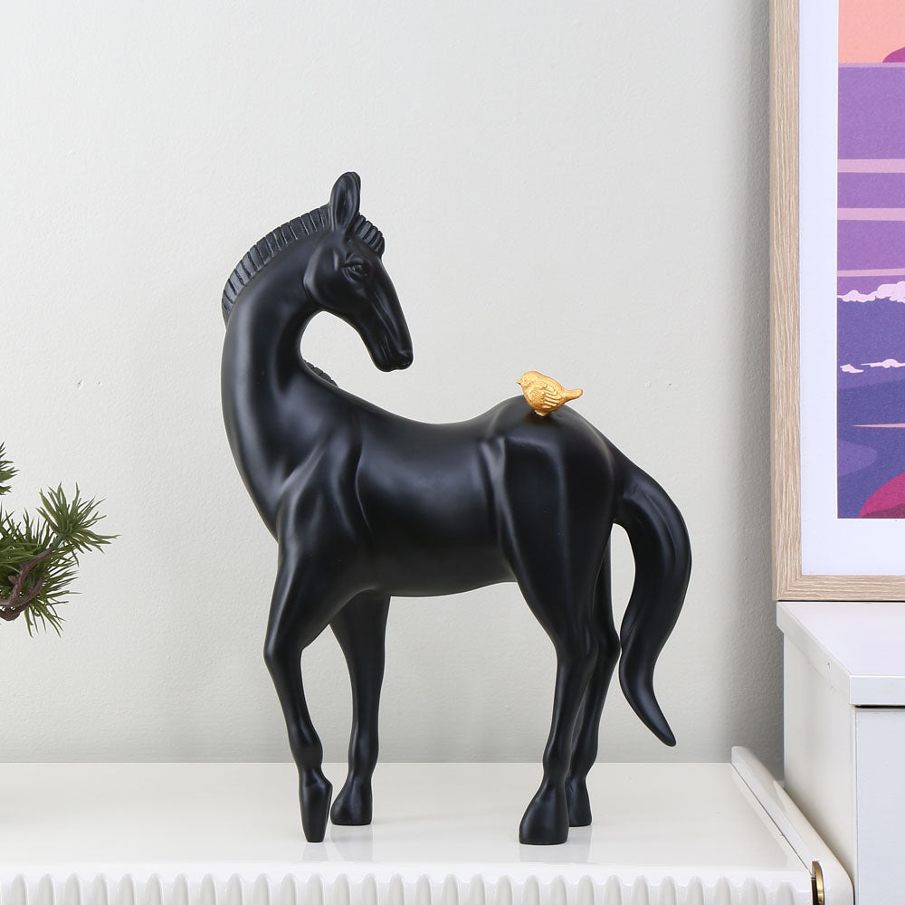 Horse with Bird On Back Polyresin Showpiece (Black)