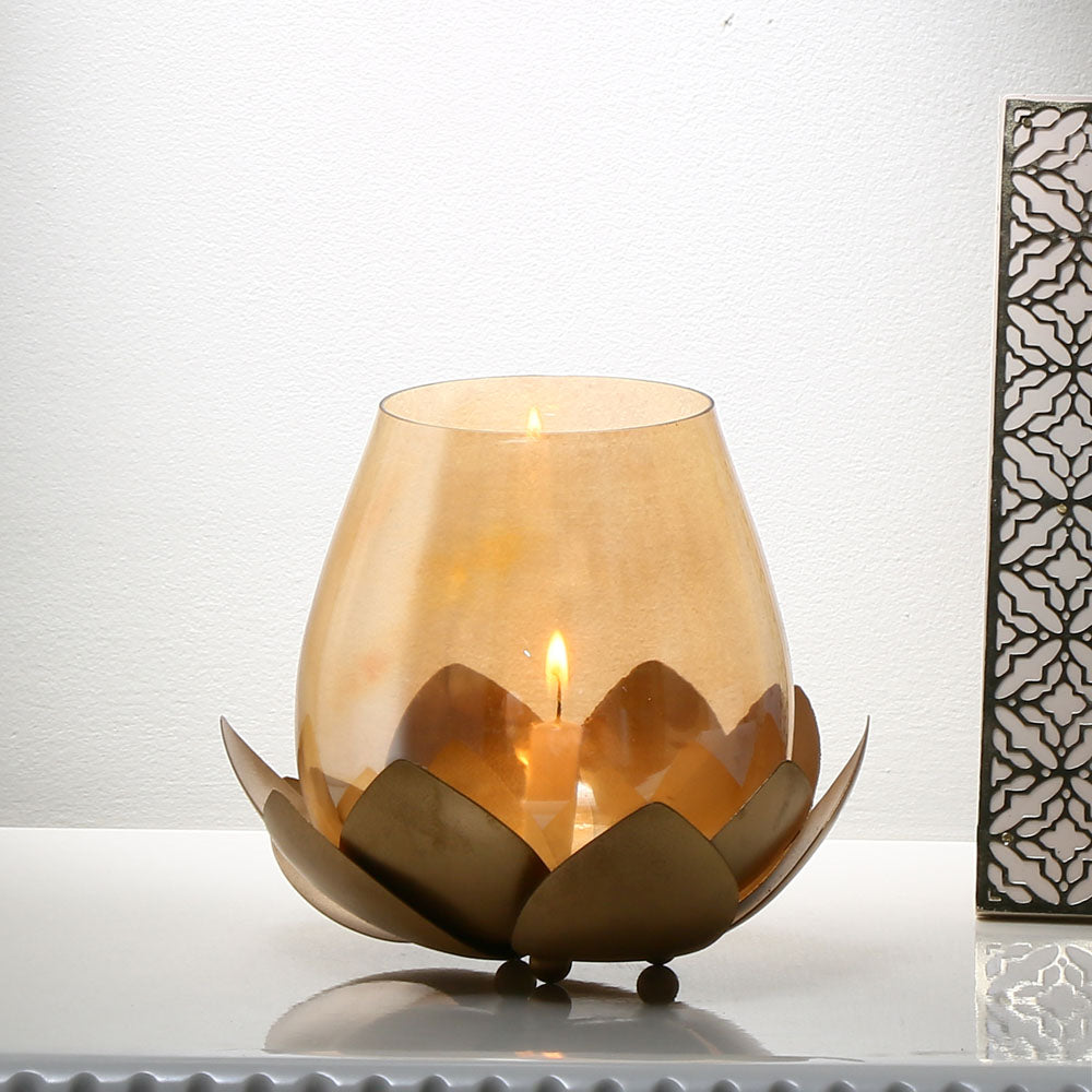 Decorative Lotus Metal & Glass Votive Candle Holder (Gold)