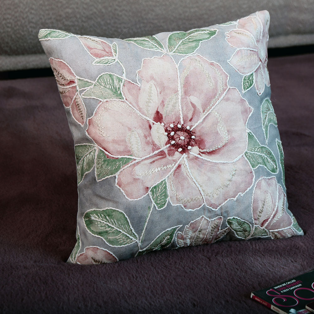 Floral Cotton 16'' x 16'' Cushion Cover (Blue & Peach)