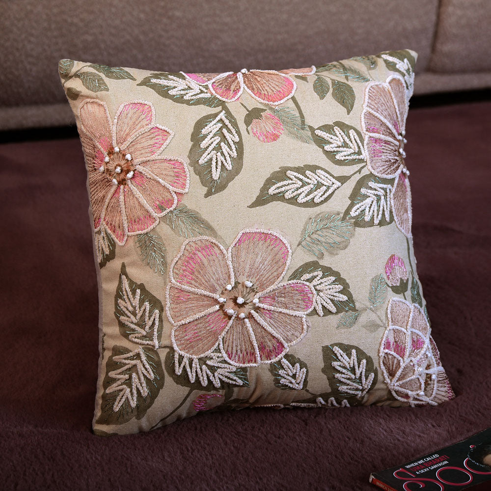 Nilkamal Floral Cotton 16" x 16" Cushion Cover (Beige & Green)