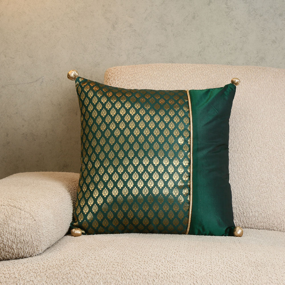 Brocade Polyester 16" x 16" Filled Cushion (Green)