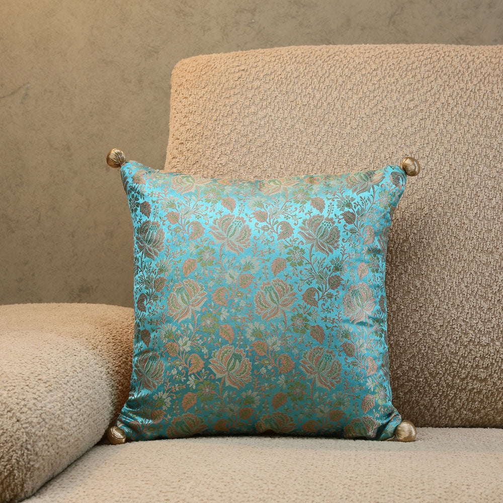 Brocade Floral Polyester 12" x 12" Filled Cushion (Blue)