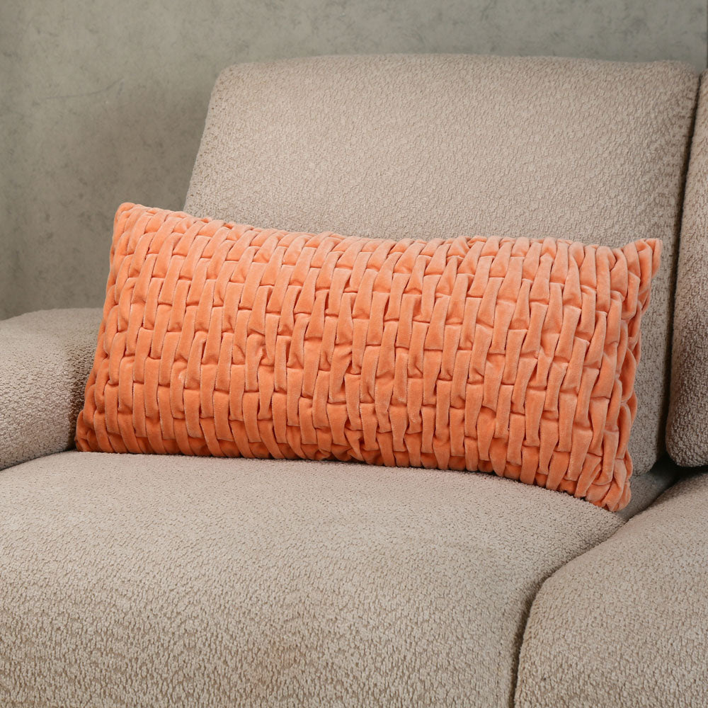 Nilkamal Rectangular Knot Pattern Cotton Velvet 24 X 12 Filled Cushion Orange