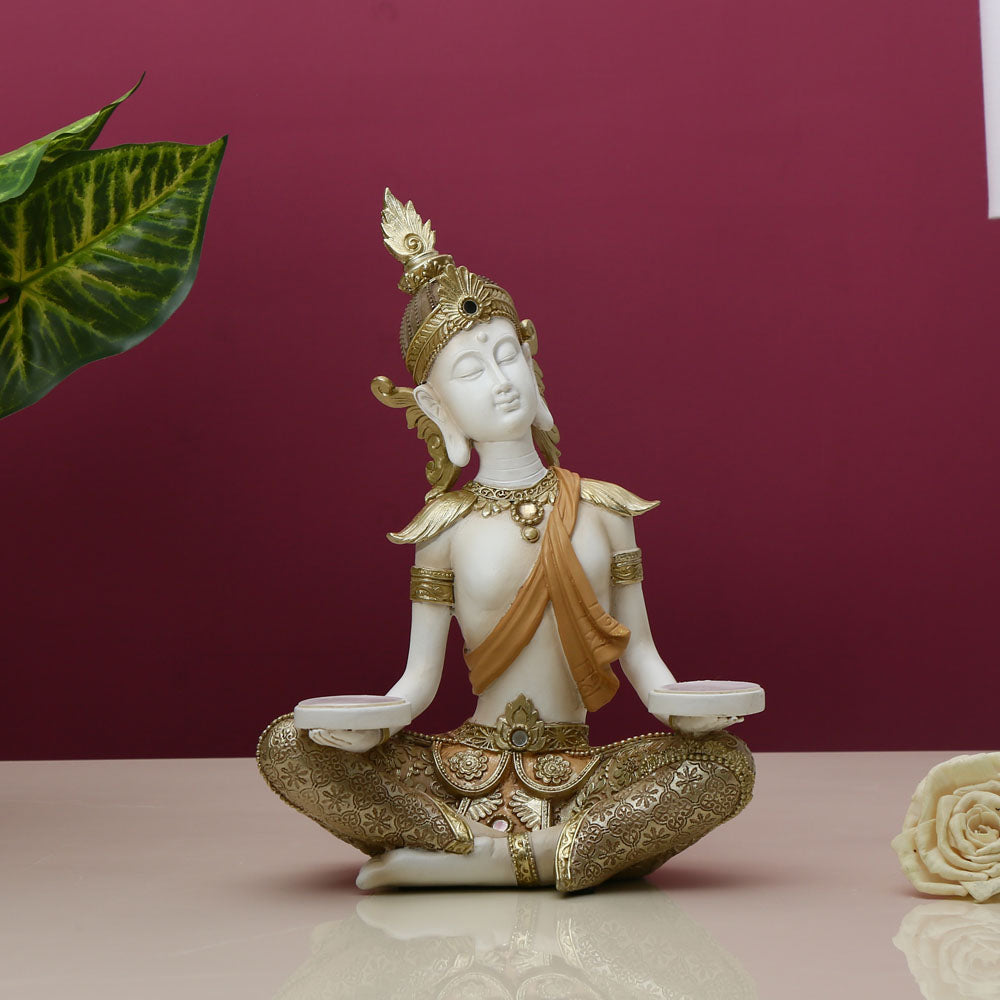 Buddha Holding Platter Decorative Polyresin Showpiece (Cream)