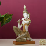 Buddha Sitting With Flute Decorative Polyresin Showpiece (Cream)