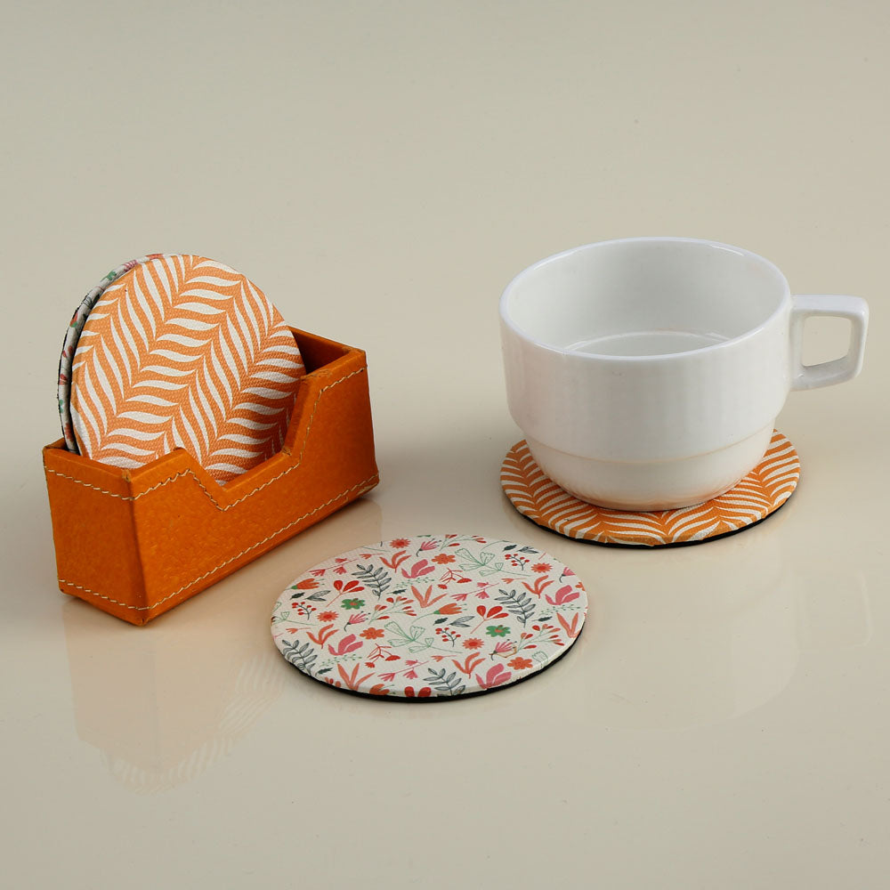 Leaf Design Round Shaped Coasters Set of 4 (Orange)