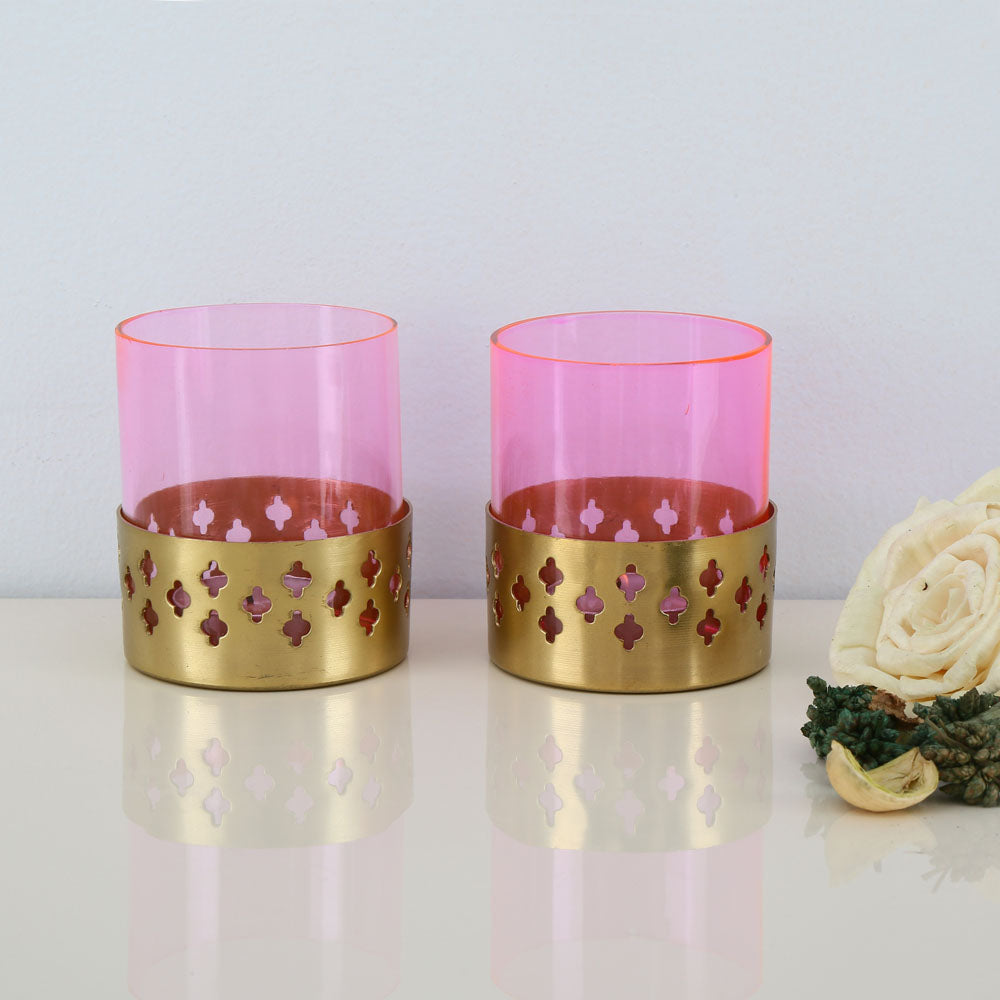 Decorative Mughal Jali Metal & Glass Votive Set of 2 (Pink & Gold)