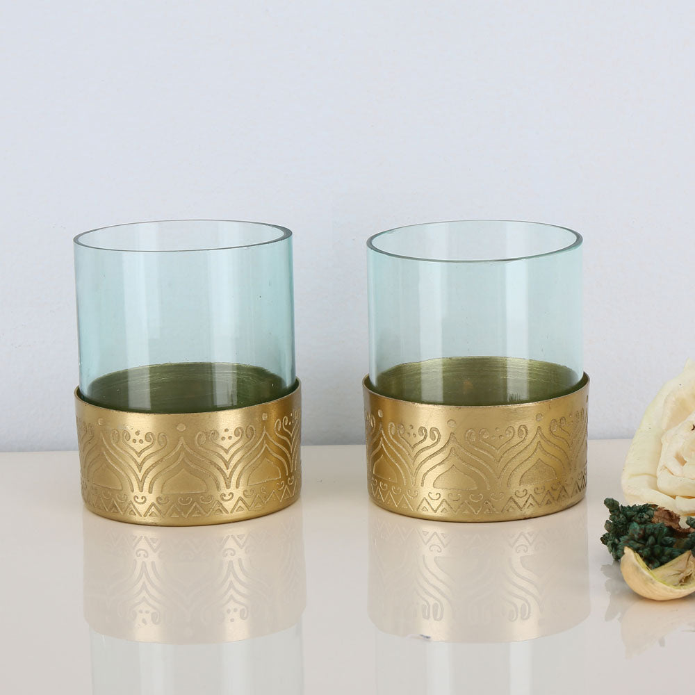 Decorative Metal & Glass Votive Set of 2 (Green & Gold)