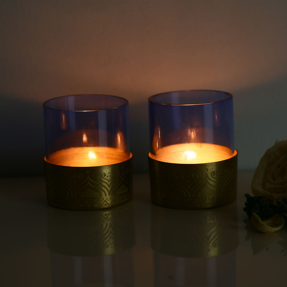 Decorative Metal & Glass Votive Set of 2 (Purple & Gold)