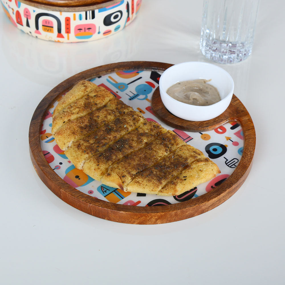 Round Wooden Serving Platter with Bowl (Brown)