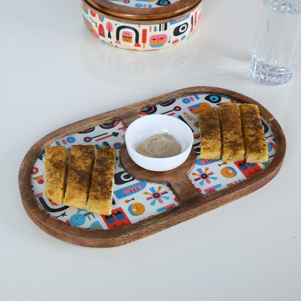 Oval Wooden Serving Platter with Bowl (Brown)