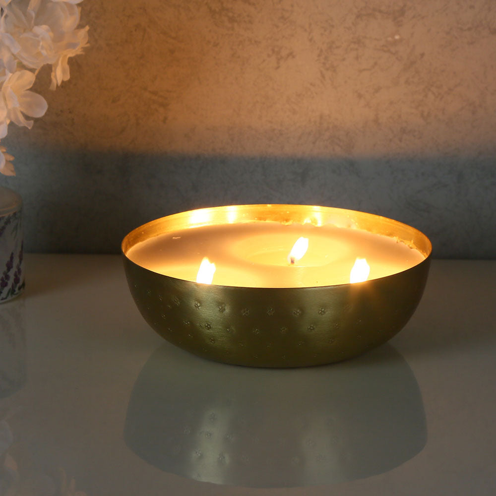 Decorative Metal Urli Bowl with Wax (Small, Gold)