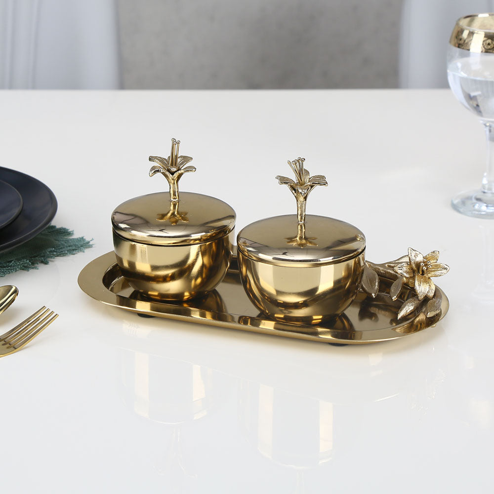 Lily Twigs Twin Bowl Condiment Set with Tray (Gold)