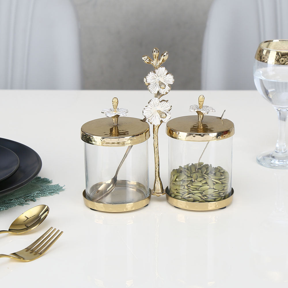 Decorative Floral Metal & Glass Condiment Set (Transparent & Gold)